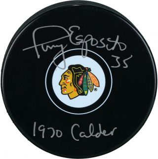 Tony Esposito Chicago Blackhawks Signed Hockey Puck W/ 1970 Calder Insc