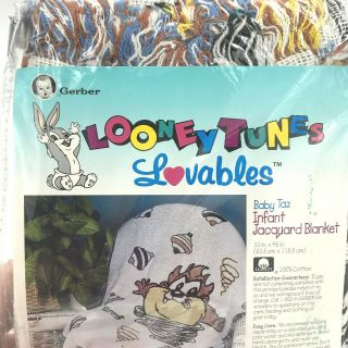 Vintage Gerber Looney Tunes Lovables Baby Taz Infant Jacquard Blanket K4 3