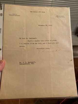 President Theodore Roosevelt Autographed Vintage Letter Signed Nov 1918