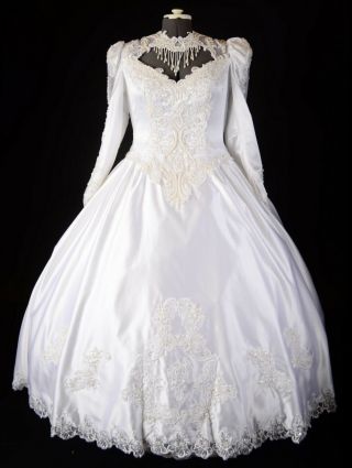 Ted Lapidus Paris Vintage 80s White Satin Ball Gown Wedding Dress W/ Train Sz 20