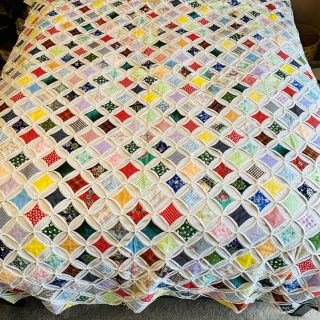 88x80 - Vintage 1940s Multicolor Cathedral Window Quilt Handmade Euc