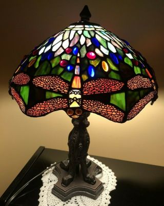 Vtg Dale Tiffany Dragonfly Stained Glass Bronze Table Lamp.