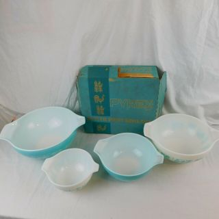 Vtg Pyrex Amish Turquoise Butterprint Cinderella Nesting Mixing Bowls Set Of 4