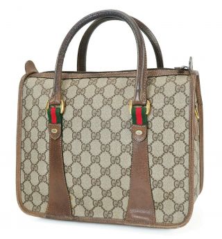 Auth Vintage Gucci Brown Gg Pvc Canvas Leather Boston Hand Bag Purse 40071