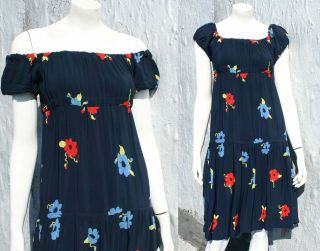 Ossie Clark Celia Birtwell Blue Floral Crepe Dress Size Xs S 1960s 70s Designer