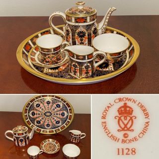 Rare Collectible Royal Crown Derby 1128 Imari Full 7 - Piece Miniature Tea Set