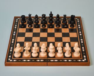 Antique English Rosewood Chess Board & Black Bone Staunton Chess Set C.  1890