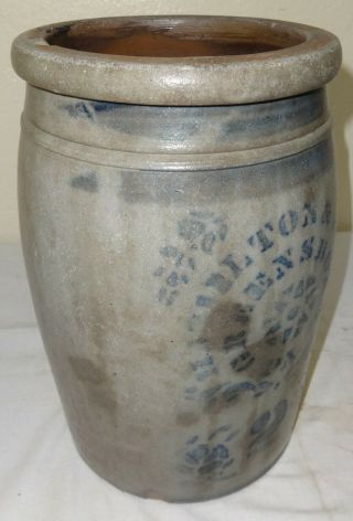 Antique 2 Gal.  Stoneware Jar Cobalt Blue Stencil Hamilton Jones Greensboro,  Pa.