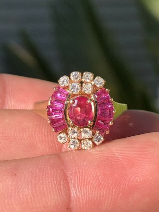 Vintage 14k Yellow Gold Natural Pink Red Ruby & Diamond Accent Cluster Ring