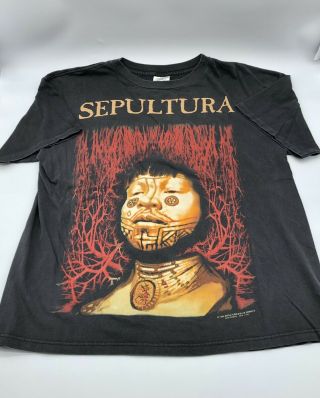Vintage Sepultura Roots 1996 Blue Grape Metal Band 90s Size Xl T Shirt Black