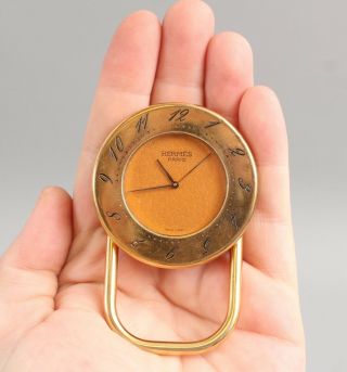 Authentic Vintage Hermes Paris Gold Plated Bronze & Leather Travel Clock Nr