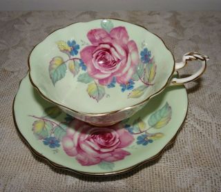 Vintage Paragon Double Warrant Cabbage Rose Green Tea Cup Saucer Gold Trim