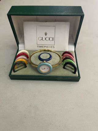 Very Rare Swiss Vintage Gucci Bezel 12 Colors Gold Bangle Womens Watch 1100 - L