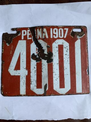Pennsylvania 1907 Porcelain License Plate - Vintage Antique.  100 Orig 4001