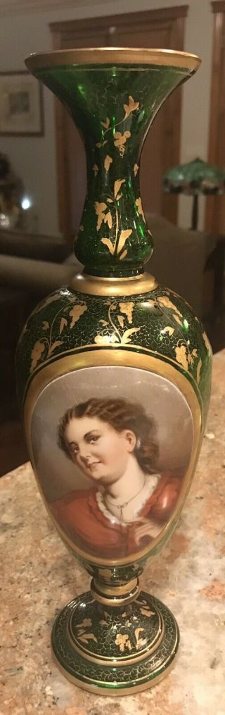 Large Antique Bohemian Moser Portrait Vase Emerald Glass 1880s 13” Impressive
