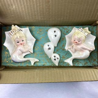 Vintage Enesco Mermaid Babies Umbrella Ceramic Wall Plaque 3 Piece Set