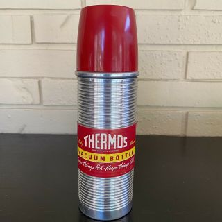 Vintage Thermos Model 2184 Red Top Aluminum Ribbed Vacuum Bottle Usa