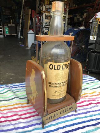 Vintage 21” Old Crow Bourbon Whiskey Display Bottle W Wood Pour Rack Sign Huge