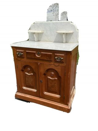 Walnut Victorian 1890 Carved Marble Top Washstand With Candle Stands