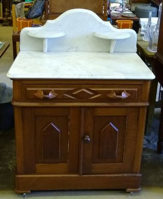 Marble Top Carved Walnut Vanity Table Stand W Backsplash Antique - Pick - Up Only