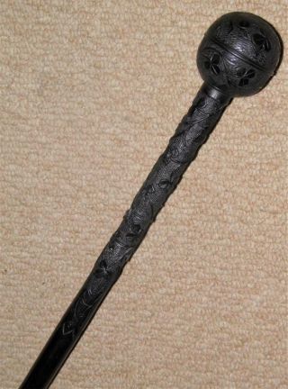 Antique Hand - Carved Clover 4000 Years Old Irish Bog Oak Walking Stick/cane