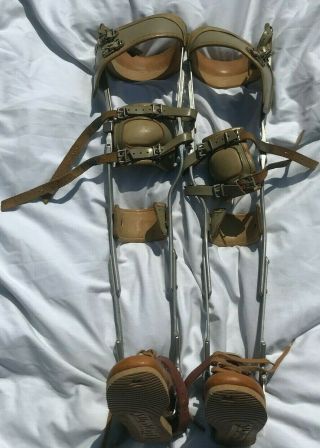 Antique Vintage Polio Leg Braces Leather Metal Medical Steampunk Forrest Gump