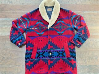 Vtg Pendleton Western Wear Aztec Wool Blanket Sherpa Coat Jacket Mens 44 Xl