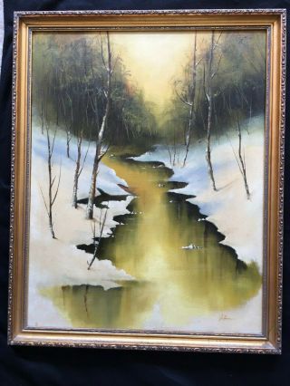 Vintage Oil Painting Landscape Trees River Snow Jo Anne Signed Framed