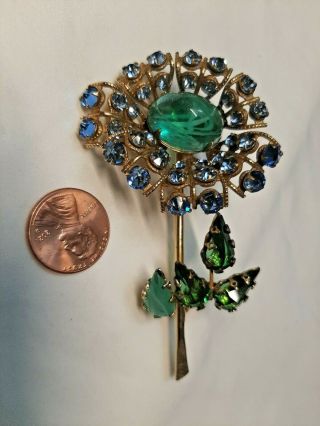 Vintage Schreiner York Inverted Rhinestone Flower Brooch Blue & Green Pin