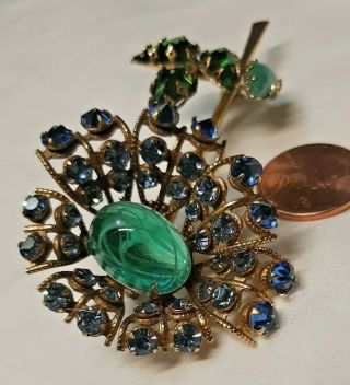 Vintage SCHREINER YORK Inverted Rhinestone Flower Brooch Blue & Green Pin 2