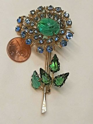 Vintage SCHREINER YORK Inverted Rhinestone Flower Brooch Blue & Green Pin 3