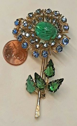 Vintage SCHREINER YORK Inverted Rhinestone Flower Brooch Blue & Green Pin 4