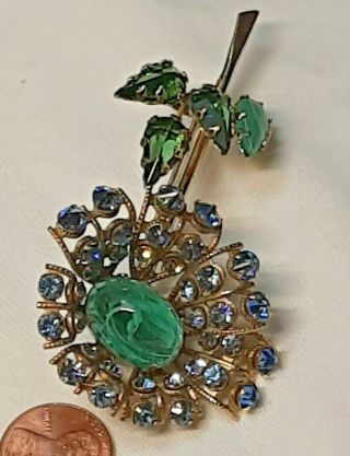 Vintage SCHREINER YORK Inverted Rhinestone Flower Brooch Blue & Green Pin 5