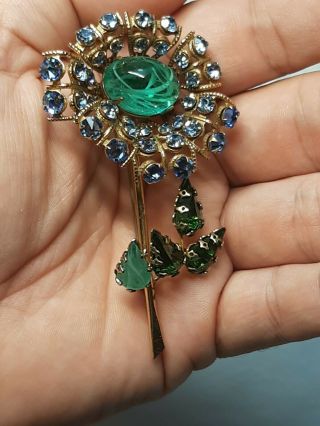 Vintage SCHREINER YORK Inverted Rhinestone Flower Brooch Blue & Green Pin 6