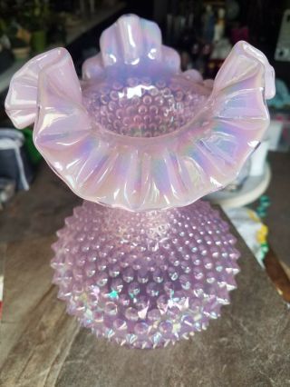 Vintage Fenton Glass Pink Opalescent Hobnail Large Ruffled Vase Marked