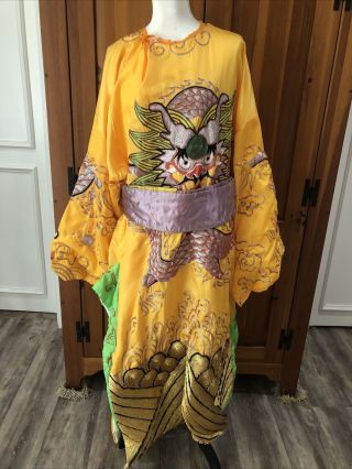 Vintage Chinese Imperial Dragon Robe Embroidered Satin Sash One Size