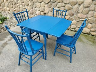 Vintage Antique Solid Wooden Table W/ 2 Folding Sides & 4 Chairs Blue Color
