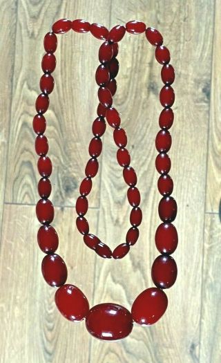 Antique Vintage Art Deco Cherry Red Amber Bakelite Faturan Beads Necklace 61gm