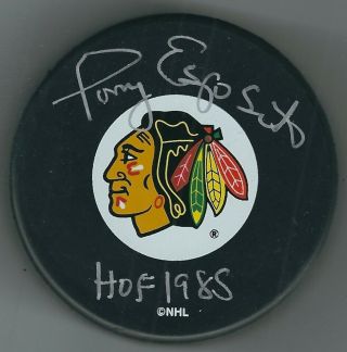 Autographed Tony Esposito Hof 1985 Chicago Blackhawks Hockey Puck - W/