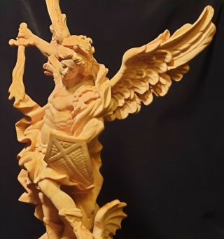 9.  5 Edgar Schwer Saint Michael Statue Vtg Wood Carving Oberammergau Dragon Sword