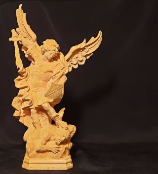 9.  5 EDGAR SCHWER saint michael statue vtg wood carving Oberammergau dragon sword 2