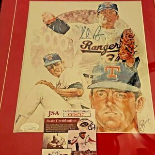 Nolan Ryan Signed Rangers 14x18 Signed Print In Hand Crafted Frame (jsa)