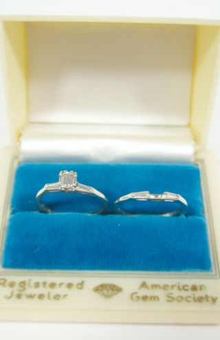 3.  5g Vintage 14k White Gold Emerald Cut Vs1 Diamond Wedding Band Ring Set 7.  25