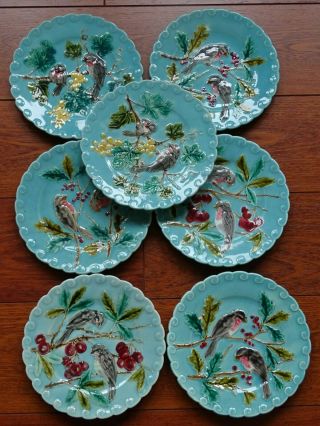 Vintage Seven Dessert Plates French Faience Majolica Sarreguemines Birds