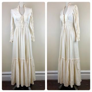 Vtg Gunne Sax Ivory Crochet Prairie Dress Wedding Gown Rennaissance Cottagecore