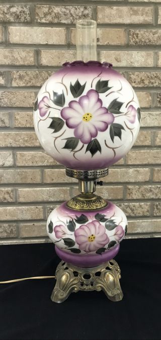 Vintage Parlor Table Lamp Gwtw 3 - Way Hand Painted Large Purple Violet Floral