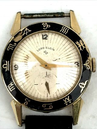 Lord Elgin Round Zodiac 14k Gold Filled Watch Very Rare Vintage