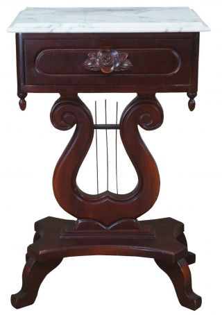 Victorian Revival Mahogany & Italian Marble Harp Lyre Side End Parlor Table