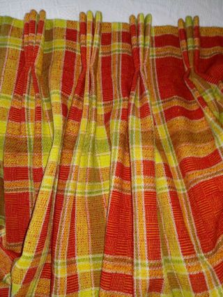 Custom Mcm Red Orange Plaid Pinch Pleated Drape Curtain Panel Barkcloth Vtg 100