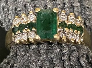 Vintage Estate Jewelry 14k Yellow Gold Emerald Diamond Ring
